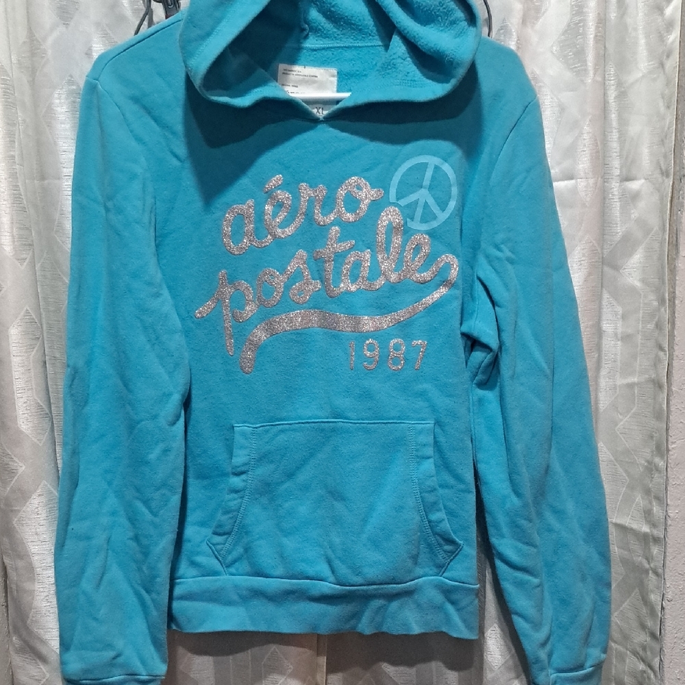 Aeropostale Womans Turquoise Hoodie with Silver Logo Size: XL